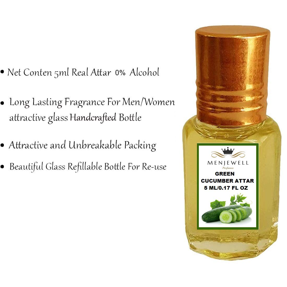 Menjewell Green Cucumber Attar Perfume 5ml 0.17 Fl.oz. Unisex Fragrance | Long Lasting