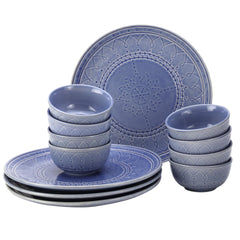 Handcrafted Stoneware Embossed Ceramic Dinner Set Of 12 Pcs - Mist Blue | 4 Dinner Plates+ 8 Salad Bowls, 180ml Each - Microwave & Dishwasher Safe