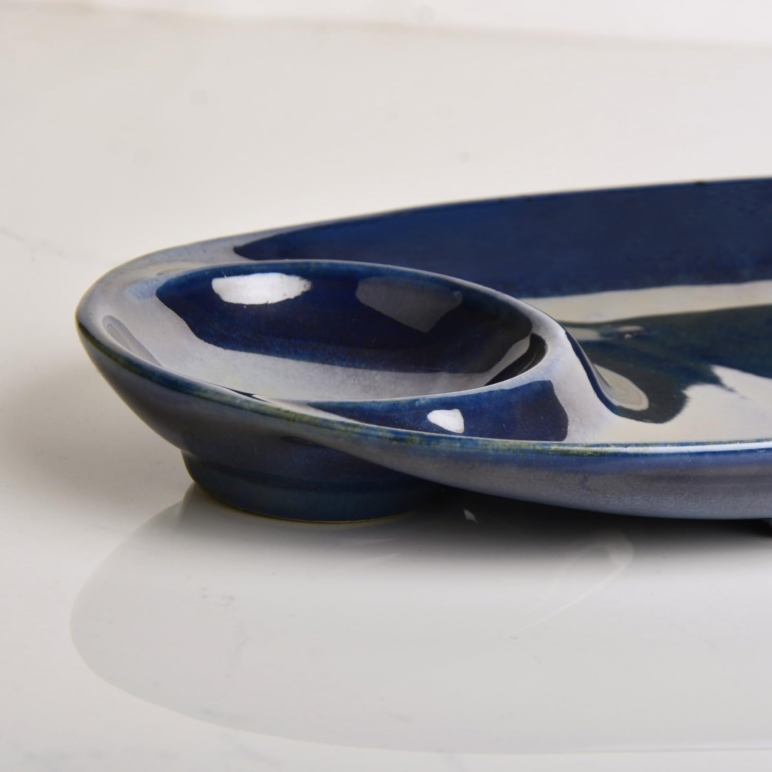 Premium Hand Glazed Ceramic Chip & Dip Platter With Fixed Dip Bowl - Botz Blue, L X B - 28 X 14 Cm, 550 Gm | Starter Serving Platter - Kebab Platter