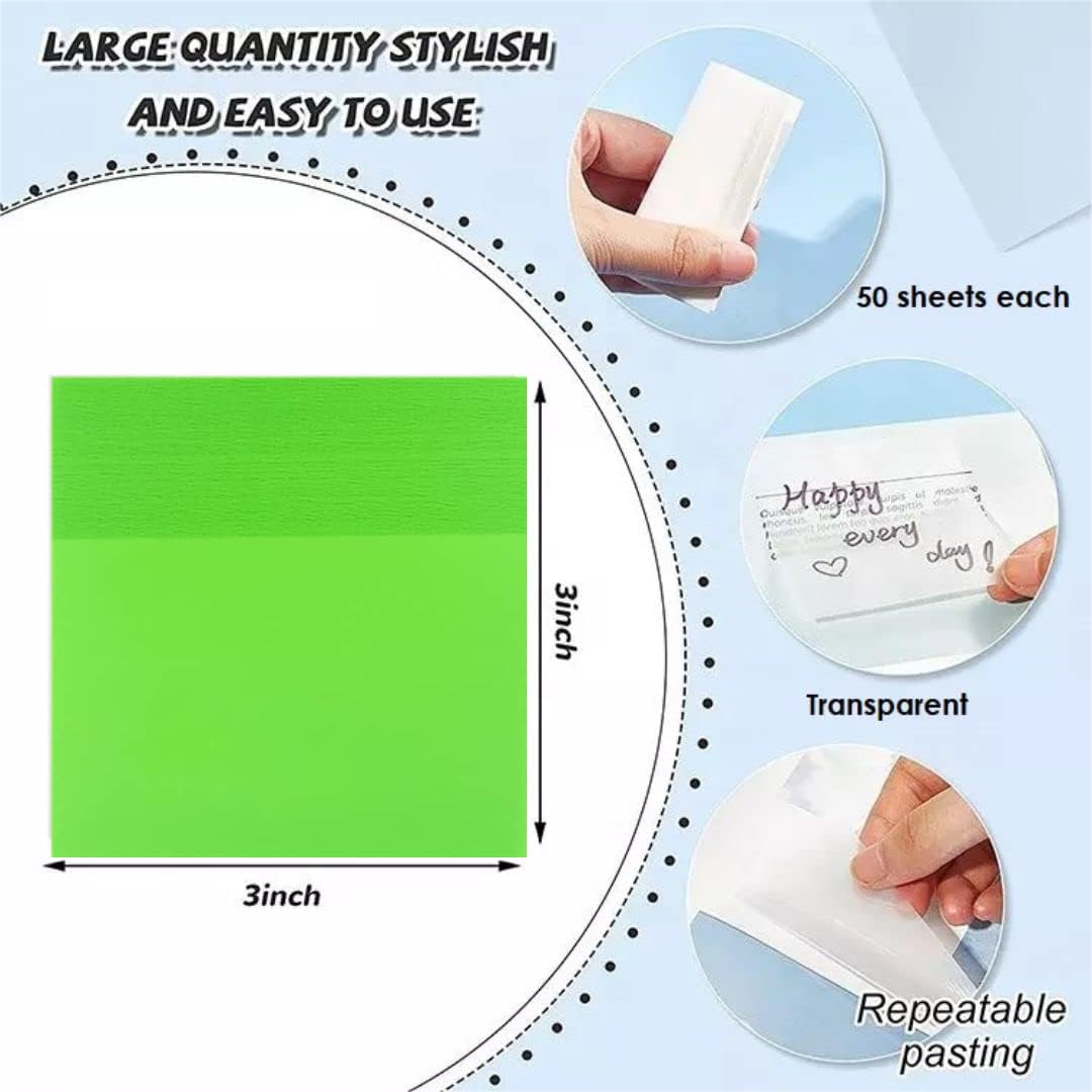 Transparent Self Sticky Note Pads, Self Adhesive Removable Perfect For Studying | 300 Sheet, Green