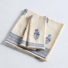 Peepul Tree Block Printed Hand & Bath Towels 240 Gsm | Super Absorbent Soft & Faster Drying, Floral Printed 100% Pure Cotton (Off-White & Blue Floral)- Pack Of 3