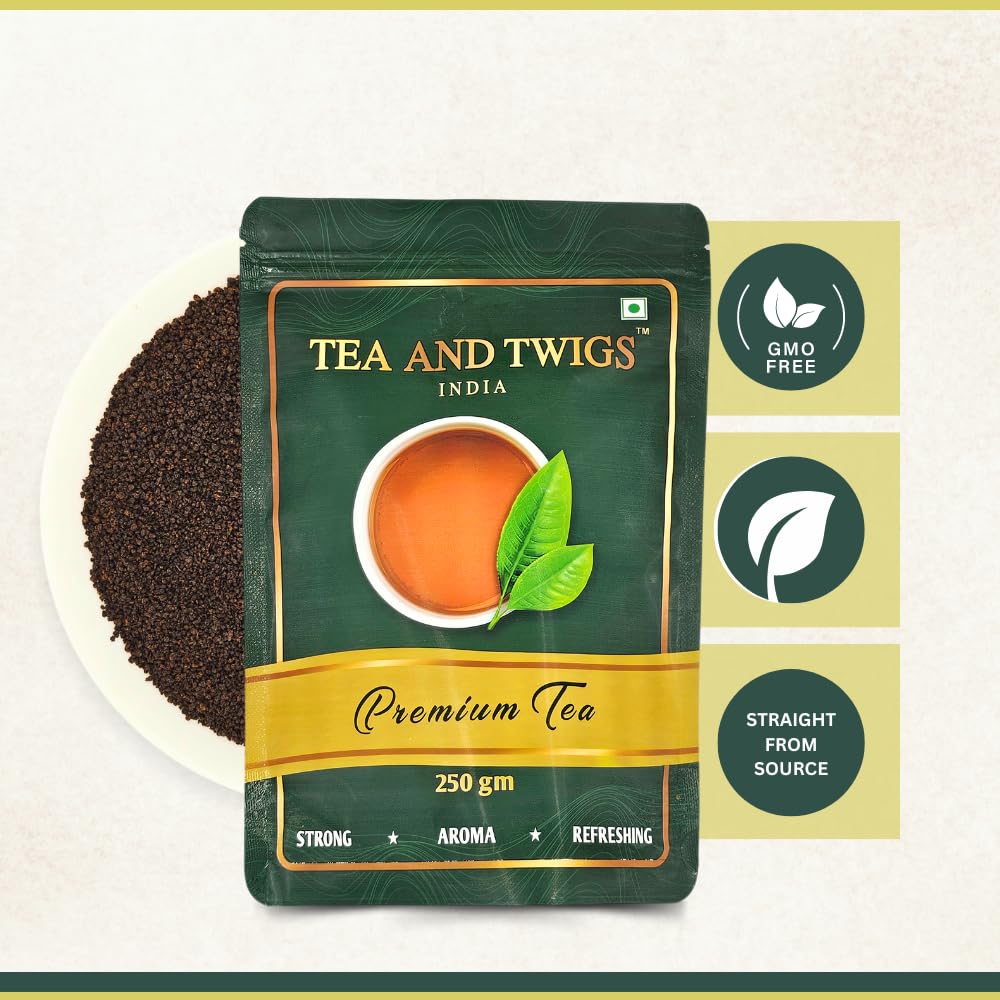 Tea And Twigs Premium Tea - Pack Of 2 X 250gm, 8.8 Ounce Each | Premium Second Flush CTC Chai Patti & 100% Natural Spices - Kadak Black Tea | Medium Caffeine Assam Tea