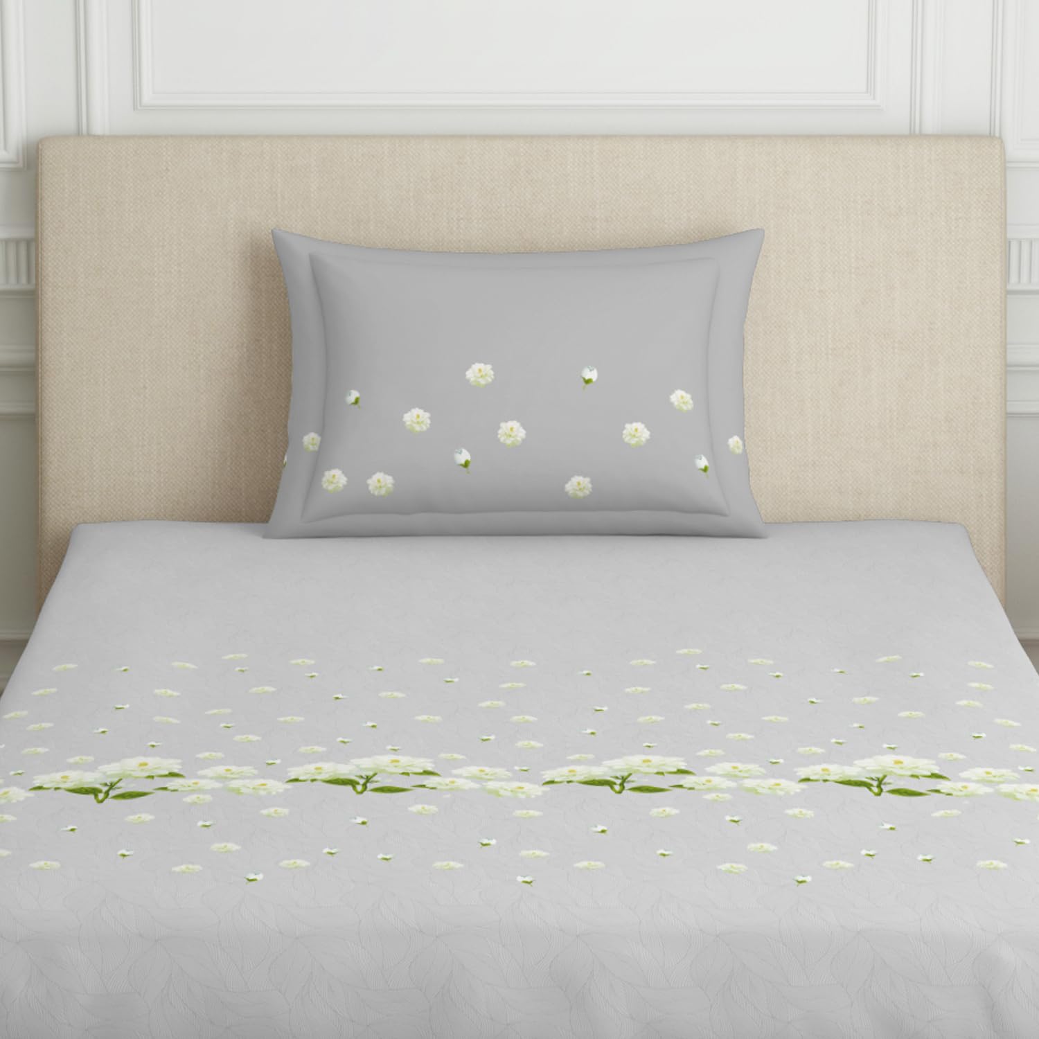 Single Bedsheet With 2 Pillow Covers (Size 60 X 88 Inches) Light Grey | 144 Thread Count Lightweight, Soft, Skin Friendly - Everyday Use Cotton Bedsheet