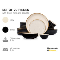 Ceramic Dinner Set Of 20 Pcs, Black Ivory | Crockery Set For Dining Table - Glossy Finish Premium Stoneware | 6 Dinner Plates + 6 Quarter Plates+ 6 Veg Bowls, 180ml Each+ 2 Flat Bowls, 800ml Each