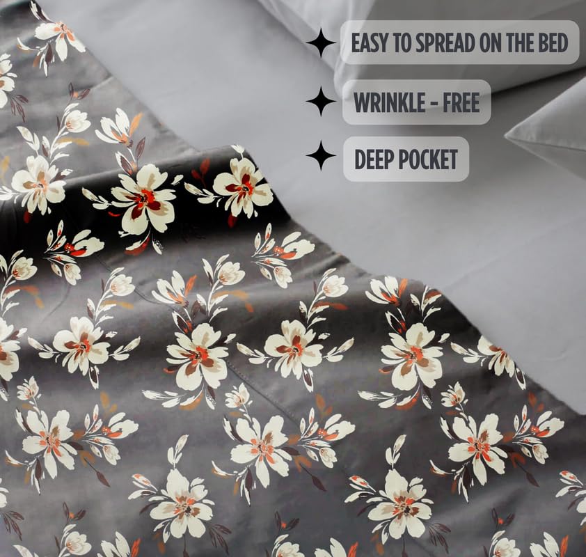 100% Cotton Double Bedsheets King Size With 2 Large Size Pillow Covers | 90 X 100 Inches, Dark Grey | Soft & Breathable Premium Printed Design Bedsheet