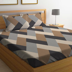 Elastic Fitted Printed Queen Size Double Bed Bedsheet With 2 Pillow Covers | 60 X 78 X 10 Inches, Brown & Grey | Super Soft Premium Brushed Glace Cotton Material
