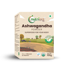Nutriorg Organic Ashwagandha Root Powder, Boost Energy, Strength, Stamina, Helps Anxiety & Stress Relief For Men & Women | 100gm 0.2lbs