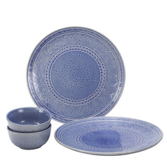 Handcrafted Stoneware Embossed Ceramic Dinner Set Of 4 Pcs - Mist Blue | 2 Dinner Plates + 2 Small Dinner Bowls, 180ml Each - Microwave & Dishwasher Safe