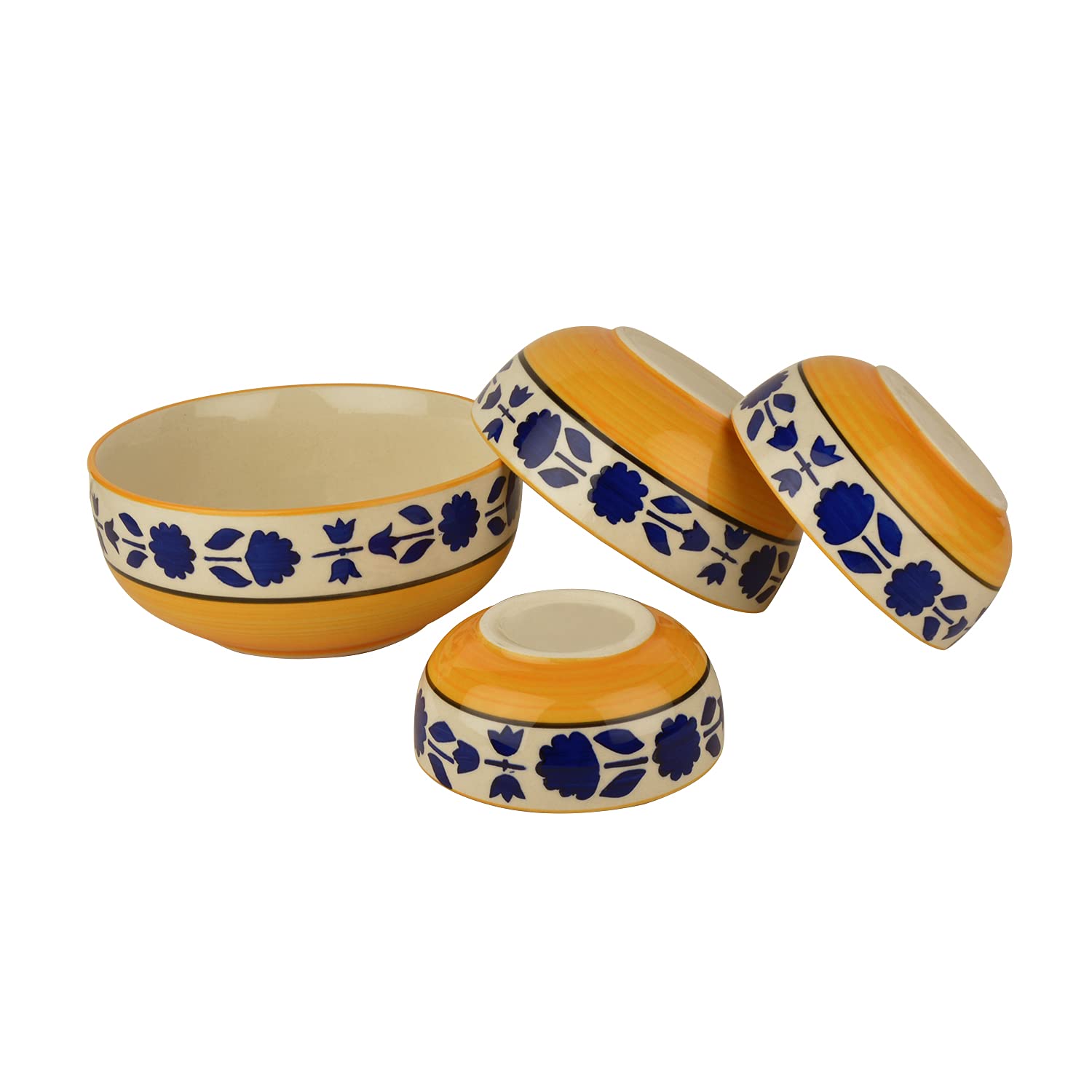 Studio Pottery Hand Painted Dinner Serving Bowl Set Of 4 - 1200ml+650ml+450ml+300ml, Yellow & Blue | Dinner Serving Donga Set - Stackable Kitchen Bowl Set