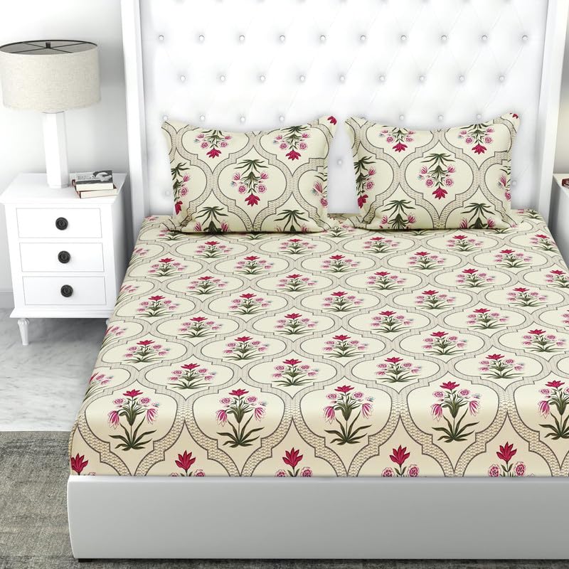 Double Bedsheet With Two King Size Pillow Covers - 90 X 100 Inches, Almond & Pink | 100% Cotton Feel Soft Breathable Wrinkle Free | Ideal For Daily Use Home