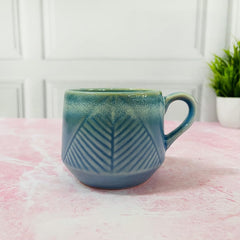 Icy Blue Leaf Embossed Ceramic Coffee Mug Set Of 2 Pieces - 330ml Each | Ceramic Mugs For Coffee, Tea, Milk - Microwave Safe & Leak Proof