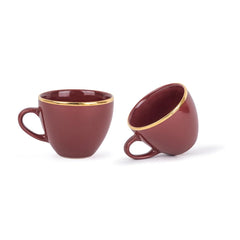 Real Gold Line Ceramic Tea Cups Set Of 6 - Burgundy Gold Line, 200ml Each | Tea Cup Set Of 6 - Premium Ceramic Tea Set With Glossy Finish | Ceramic Tea Cup