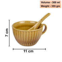 Handcrafted Studio Pottery Brown Glazed Soup Bowl With Spoon Set Of 4 - Brown, 300ml Each | Maggi Bowl With Spoon