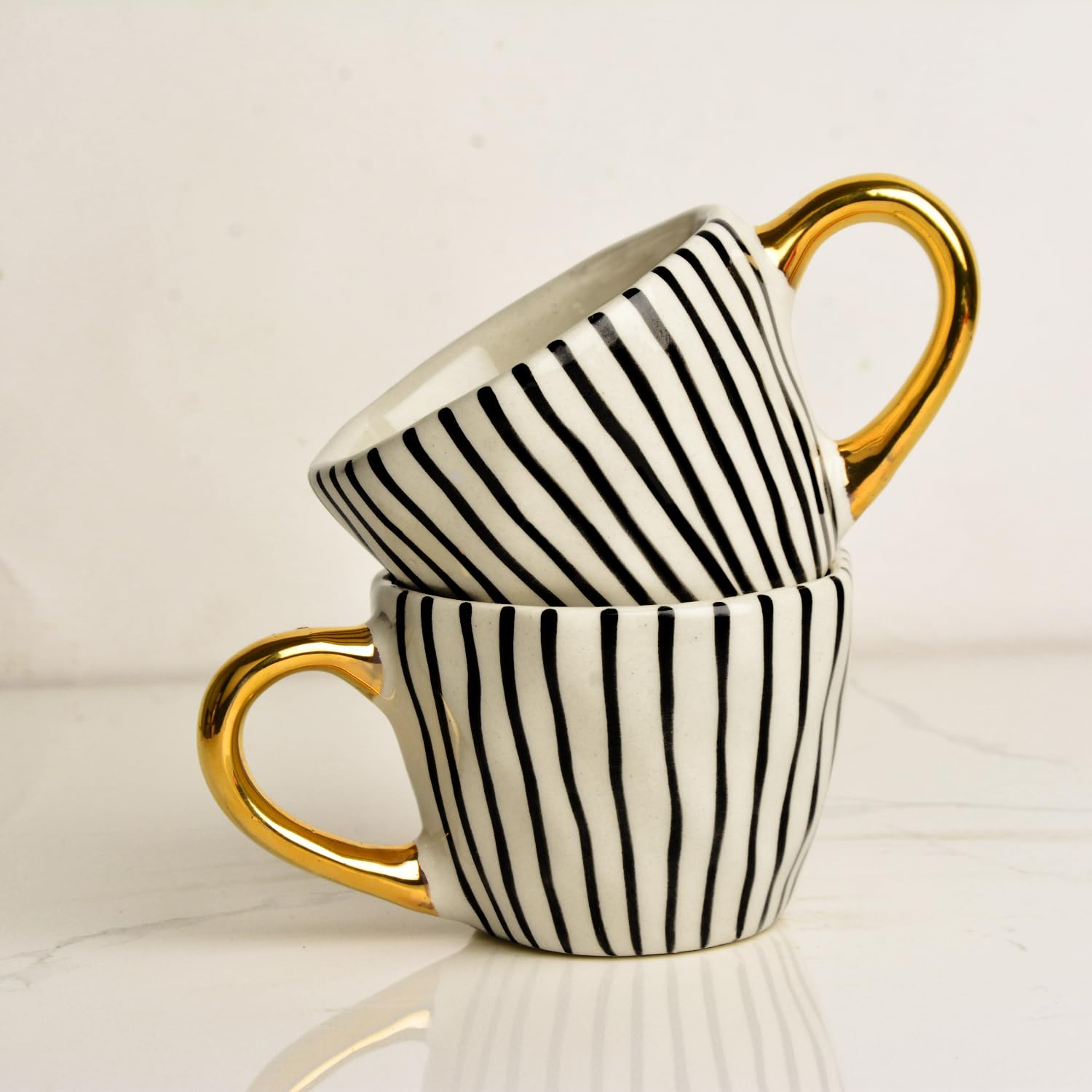 Premium Handmade Vertical Stripes Ceramic Coffee Mugs With Golden Handle Set Of 2 - 200ml Each, Black & White | Tea Cups & Mugs - Chai Cups