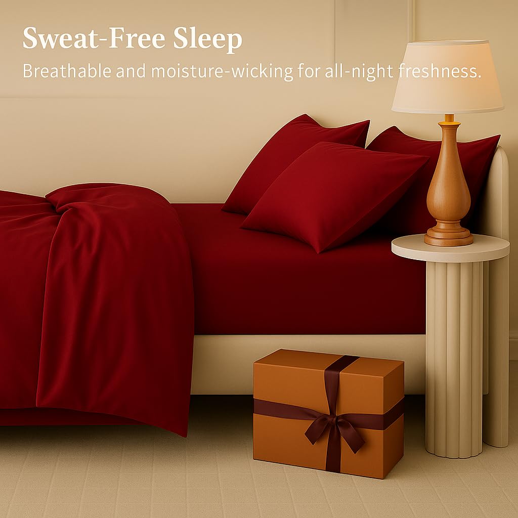 Print King Size Flat Sheet With 2 Pillow Covers - 108 X 108 Inches, Burgundy | Soft, Breathable & Skin-Friendly Bedding For Daily Use | Machine Washable & Long-Lasting