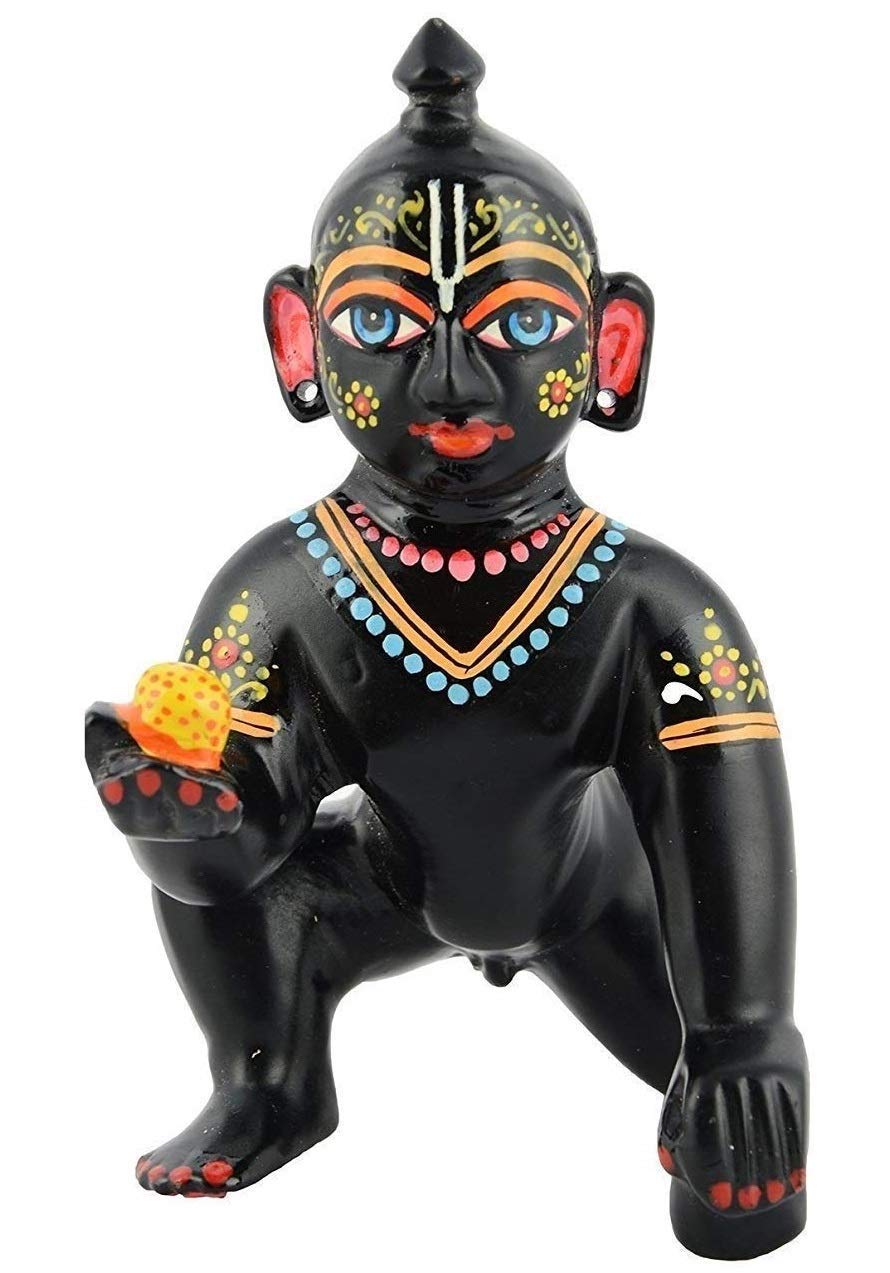 Black Laddoo Gopal Idol, Bal Gopal Ji Murti, Brass, Black Idol - Large Size No.4, Black Hand-Painted Idol, Petal Murti - 4 Inch, Janmashtami Special For Home Temple, God Statue