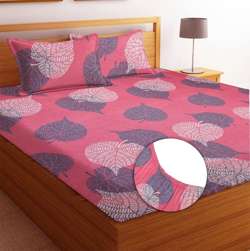 Elastic Fitted Double Bedsheets With 2 Pillow Covers | 78 X 72 + 10 Inches, Pink & Grey - Double Bed With All Around Elastic 180 Thread Count Super Soft