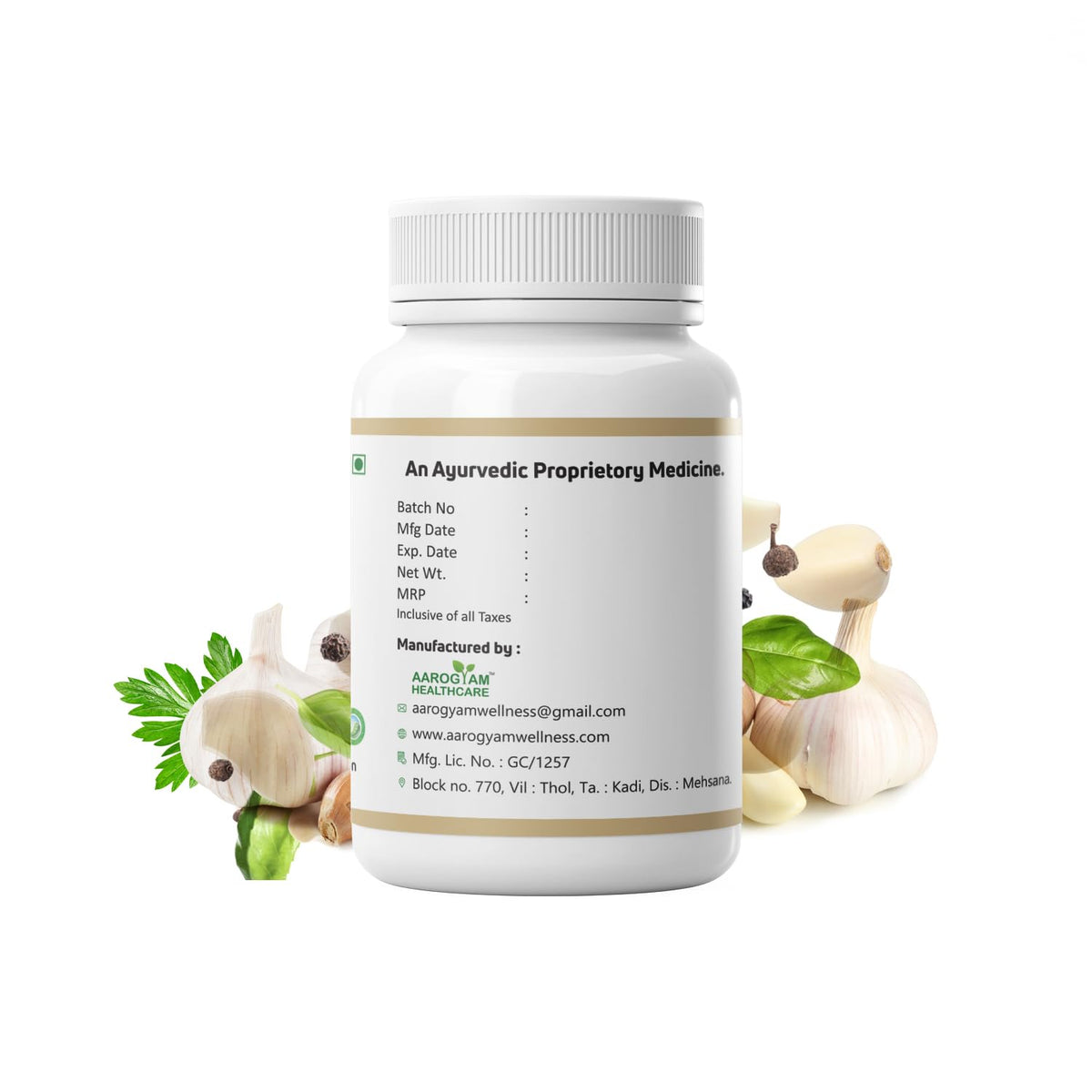 Aarogyam Healthcare Garlic Capsules Natural Dietary Supplement For Immune Support, Cardiovascular Health & Antimicrobial Benefits | 60 Capsules 100gm 0.2lbs