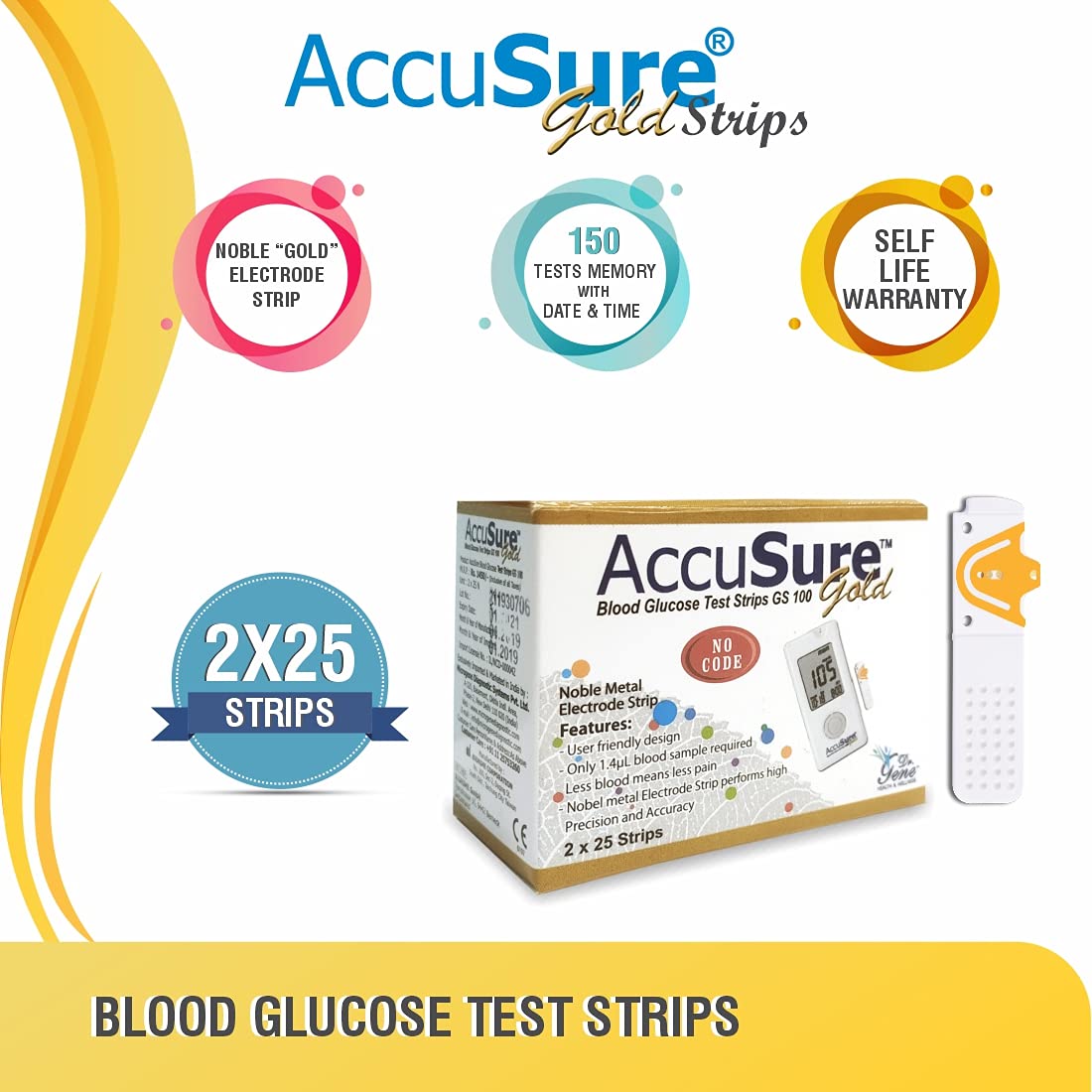 AccuSure Gold Blood Glucose Test Strips - Pack Of 2 X 50 Glucometer Strips