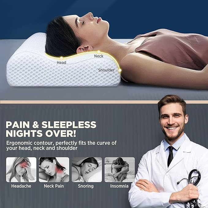 Cervical Contour Memory Foam Pillow For Sleeping, Standard Size - White | Orthopedic Pillow For Neck Pain, Support For Back, Stomach, Side Sleepers, With Breathable, Zip Cover