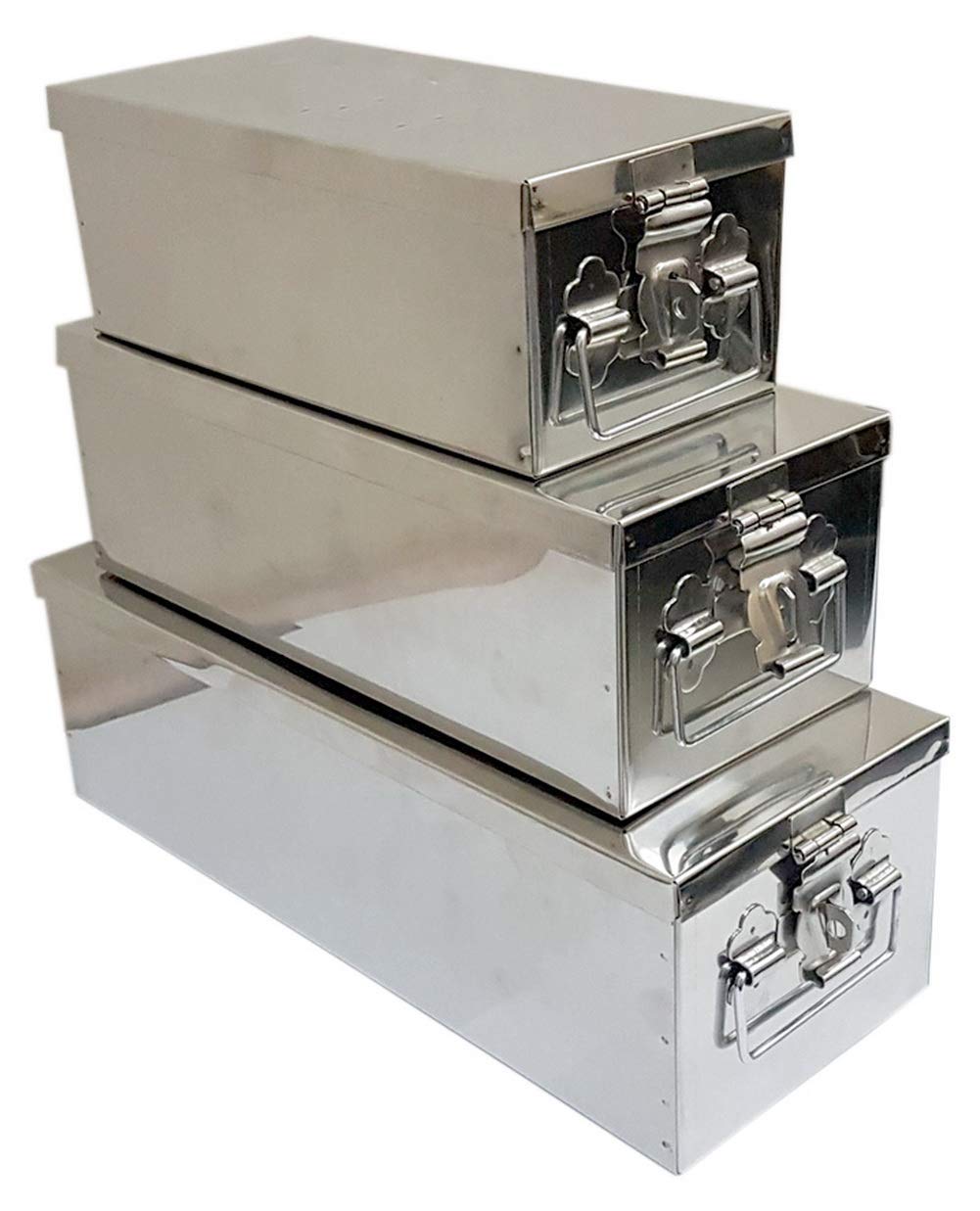Stainless Steel Safe Locker Boxes For Cash Peti Pooja Jewellery Set Box, Pack Of 3, Size - 8 Inch, 10 Inch, 12 Inch With Plain Design, Special Feature - Portable