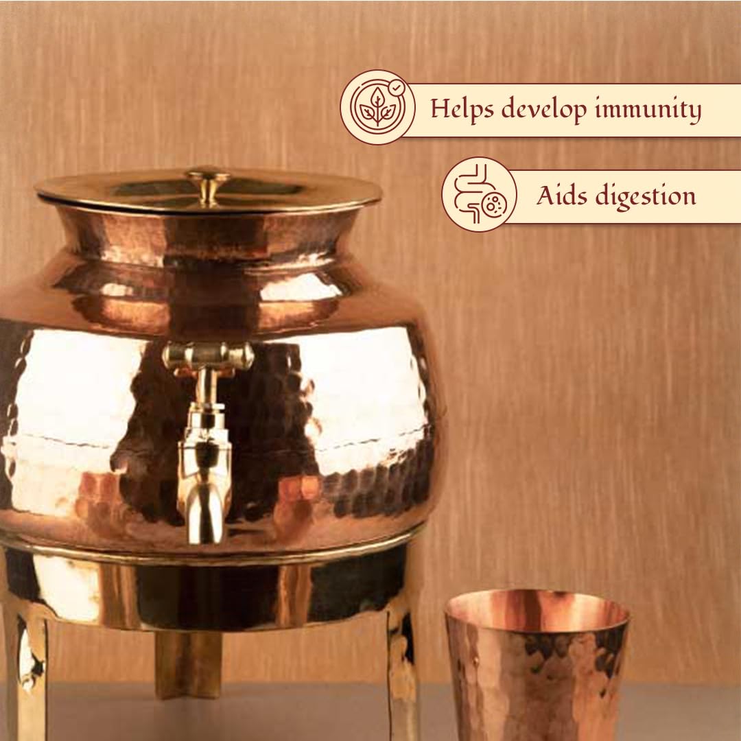 Pure Copper Water Dispenser (Matka), 10 Liters | Leak Proof Water Container Pot With Tap For Ayurvedic Health Benefits