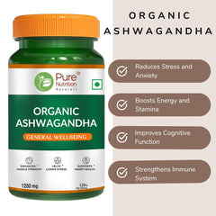 Pure Nutrition Organic Ashwagandha Supplement Supports Stress Management, Sleep, Fertility, Immunity, Vitality & Strength | 120 Veg Tablets 200gm 0.4lbs