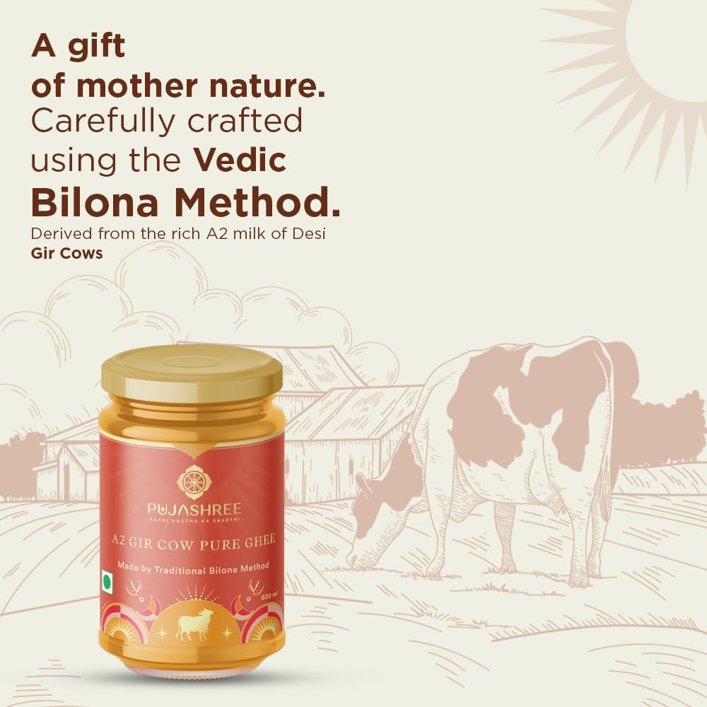 Organic Natural A2 Gir Cow Ghee By Pujashree | Traditional Bilona Method Healthy Pure Desi Ghee Perfect For Diya Deepam | (500ml) 16.9 Ounce | Jar Pack
