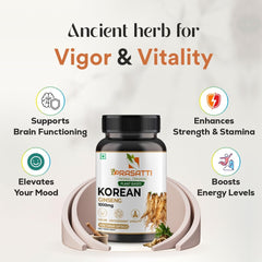 Prasatti Herbal Organic Korean Red Ginseng 1000mg Supports Energy, Vitality & Strength, For Men & Women | 90 Veg Capsules 150gm 0.3lbs