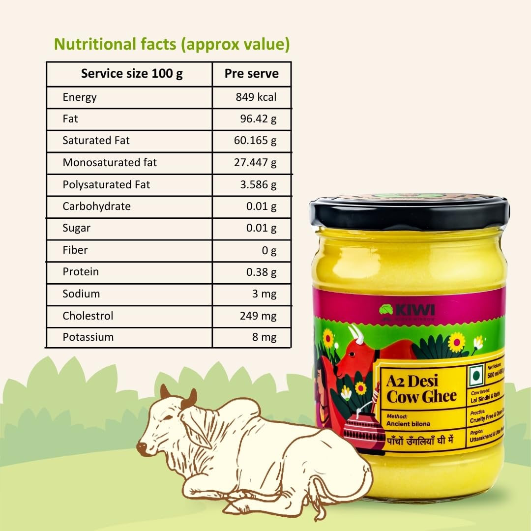 Premium A2 Desi Cow Ghee By Kiwi Kisan Window | Authentic Bilona Method Cow Desi Ghee Good For Boost Immunity | (500ml) 16.9 Ounce | Jar Pack