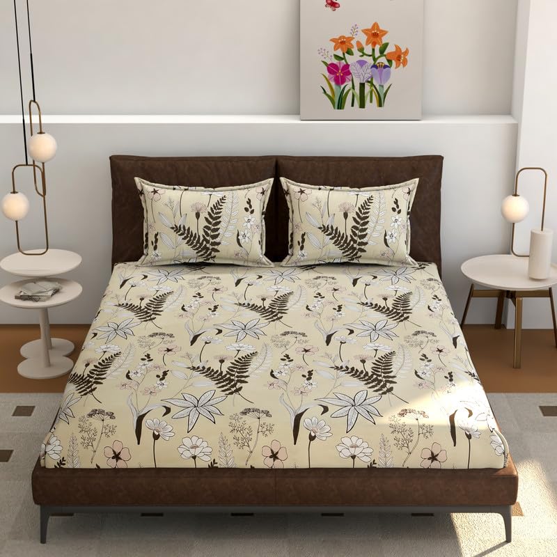 Polycotton Flat Bedsheet For King Size With 2 Pillow Covers - 90 X 108 Inches, Cream | Softness & Long-Lasting Durability