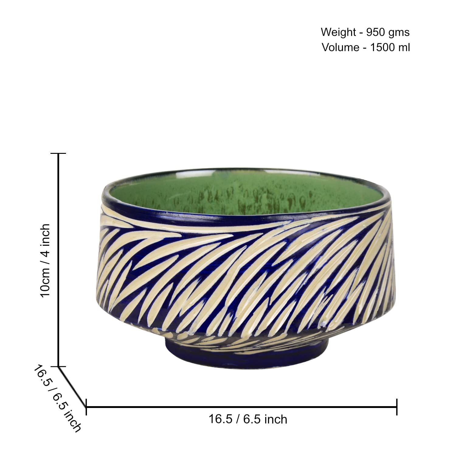 Studio Pottery Ceramic Cutwork Serving Bowl - Blue & Off White, Diameter – 16.5 Cm, 1500ml | Vegetable & Pasta Serving Bowl - Mixing Bowl