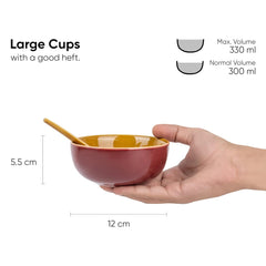 Ceramic Soup Bowl Set With Spoons - 300ml Each, Burgundy | 6 Pieces Soup Bowls + 6 Spoons | Glossy Finish - Premium Stoneware Ceramic Soup Bowls With Spoons | Soup Bowl Set Of 6