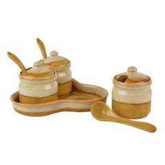 Studio Pottery Dual Tone Ceramic Pickle Serving Jar Set With Spoon & Tray Set Of 3 - Beige & Sand Yellow | Condiment Set - Pickle Jar Set For Dining Table | Masala Container