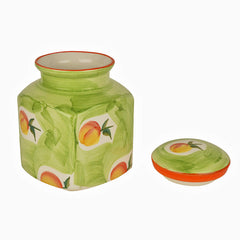 Hand Painted Ceramic Square Jar (Burni) With Lid 2000ml, Green & Orange | Ceramic Multi-Utility Storage Jar - Pickle Storage Jar