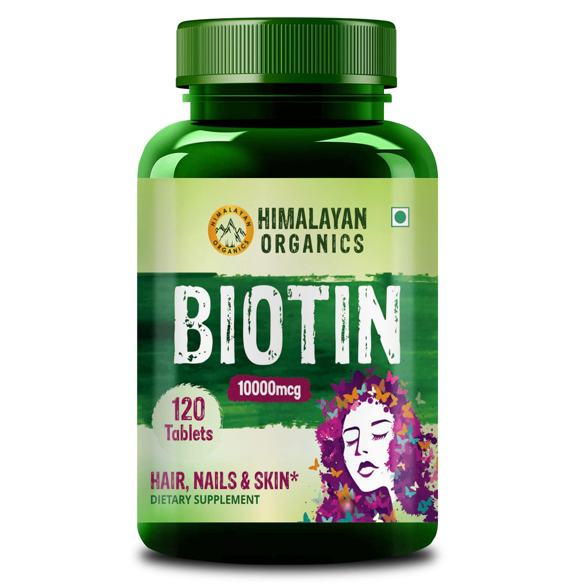Himalayan Organics Biotin 10000mcg For Hair Growth , Nails & Skin | 120 Tablets , 200gm 0.4lbs