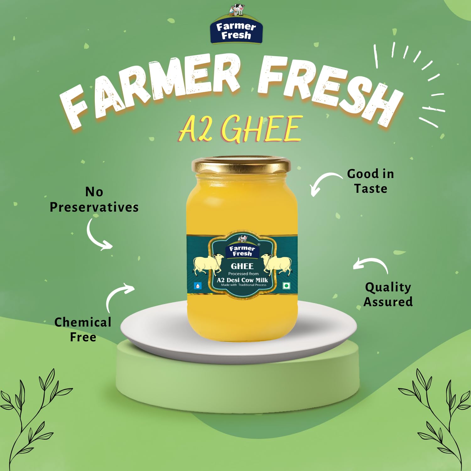 Pure A2 Desi Cow Ghee By Farmer Fresh | Highly Nutritious Rich Flavor & Ayurvedic Benefits Pure Desi Ghee For Good Health | (1 Litr) 33.8 Ounce | Jar Pack