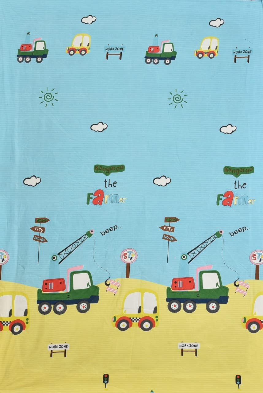 Cartoon Printed Double Bedsheet For Kids With 2 Pillow Cover - 72 X 78 X 10 Inches, Yellow & Aqua | Cotton Feel All Around Elastic Fitted King Size Double Bed