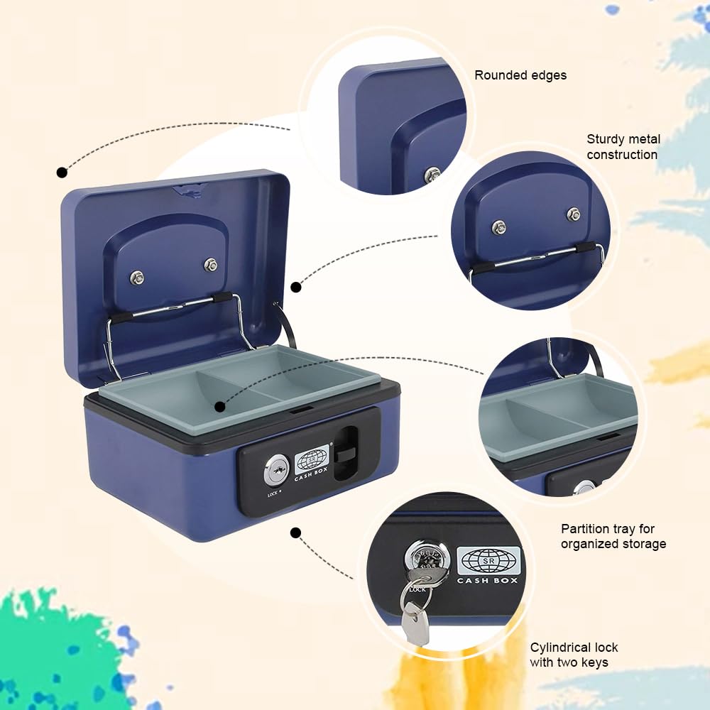Imported Metal Cash Box With Dual Combination & Password Lock Medium Size Money Box For Cash, Jewellery Safe Locker With Removable Plastic Coin Tray, Colour - Blue, Material - Metal