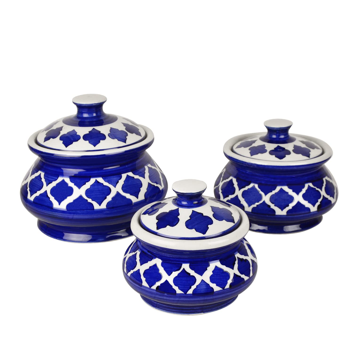 Hand Painted Ceramic Handi Set With Lid Set Of 3 - 1900ml, 1200ml & 650ml, Blue | Dinner Serving Bowls - Biryani Handis, Serving Pots