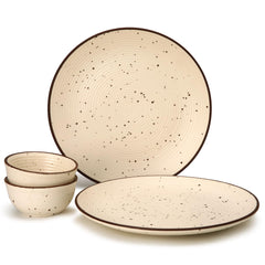 Handcrafted Ceramic Dinner Set - Pack Of 4, Beige | 2 Dinner Plates + 2 Small Dinner Bowl, 180ml Each - Scratch Resistant, Microwave & Dishwasher Safe | Crockery Set For Dining & Gifting