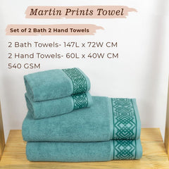 Rangoli 100% Cotton Fibre 2 Hand & 2 Bath Towel 1400 Gsm | Highly Durable & Absorbent Towel | Skin-Friendly & Quick Drying Luxury Towels (Blue) - Pack Of 4