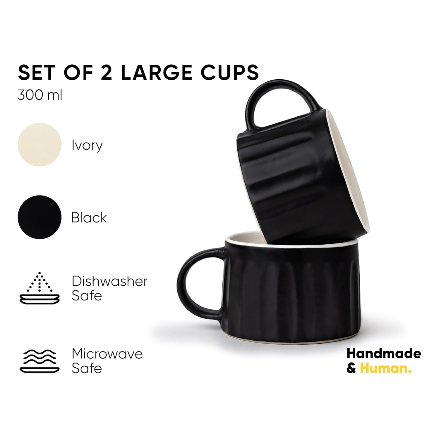 Ceramic Line Cappuccino Cup Set Of 2 - Black, 300ml Each | Coffee Cup With Matte Finish | Large Cup For Coffee - Ceramic Cup | Premium Stoneware Coffee Cup - Microwave Safe & Dishwasher Safe