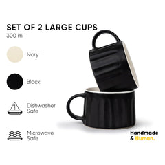 Ceramic Line Cappuccino Cup Set Of 2 - Black, 300ml Each | Coffee Cup With Matte Finish | Large Cup For Coffee - Ceramic Cup | Premium Stoneware Coffee Cup - Microwave Safe & Dishwasher Safe