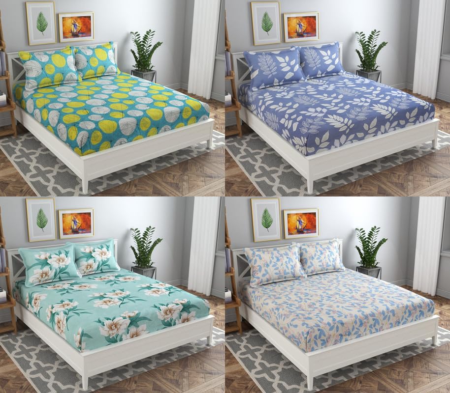 Combo Pack Of 4 Double Bedsheets With 8 Pillow Covers | 90 X 90 Inches, Multicolor - 160 Thread Count Soft Brushed Microfiber -Long Lasting & Wrinkle Free