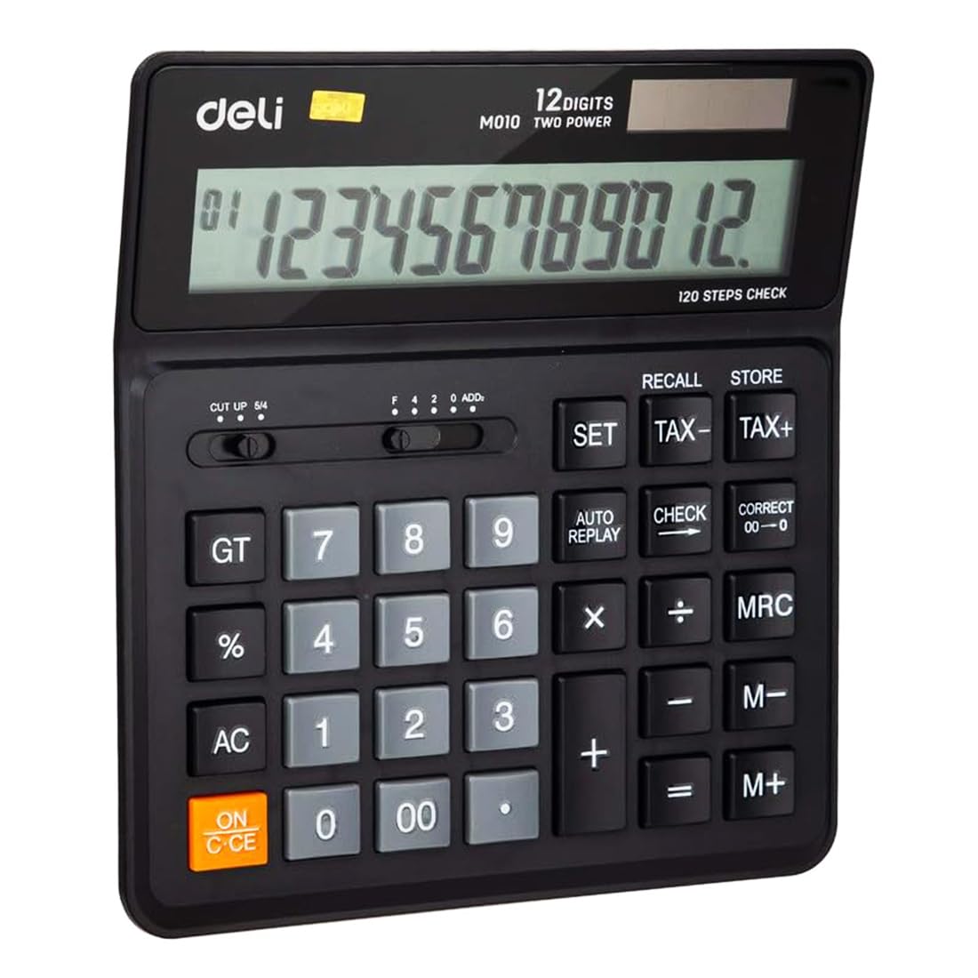 Deli Wm01020 Tax Calculator Big Size | 3 Years Warranty |12 Digits With F- Cut Keys, Steps Check & Correct Function - Black | Dual Power Options, User Friendly Interface