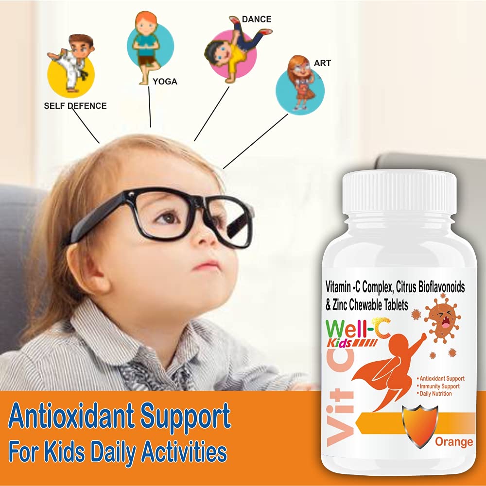 Well- C Vitamin C Tablets Immunity Booster For Kids And Zinc Supplements For Growth Strength Strong Bones Sugar Free | Orange Flavor, 60 Chewable Tablets , 100gm 0.2lbs