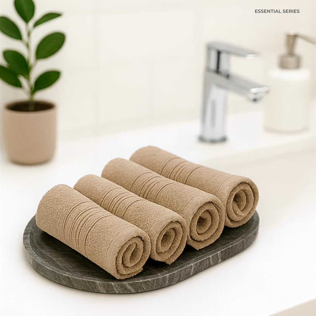 Akiko Home 100% Cotton Essential Series Face Towel 600 Gsm | Soft Absorbent & Durable Washcloth For Men & Women, Compact Travel Towel -Pack Of 4 (Beige)