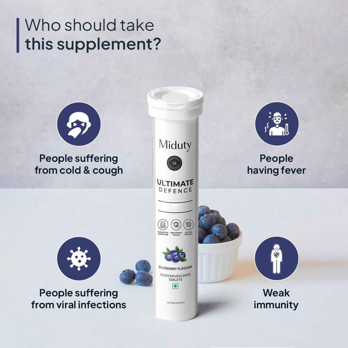 Miduty By Palak Notes Ultimate Defence, Amla Extract , Vitamin C , Wheatgrass , Immune Support Booster | Blueberry Flavour - 20 Effervescent Tablets , 50gm 0.1lbs