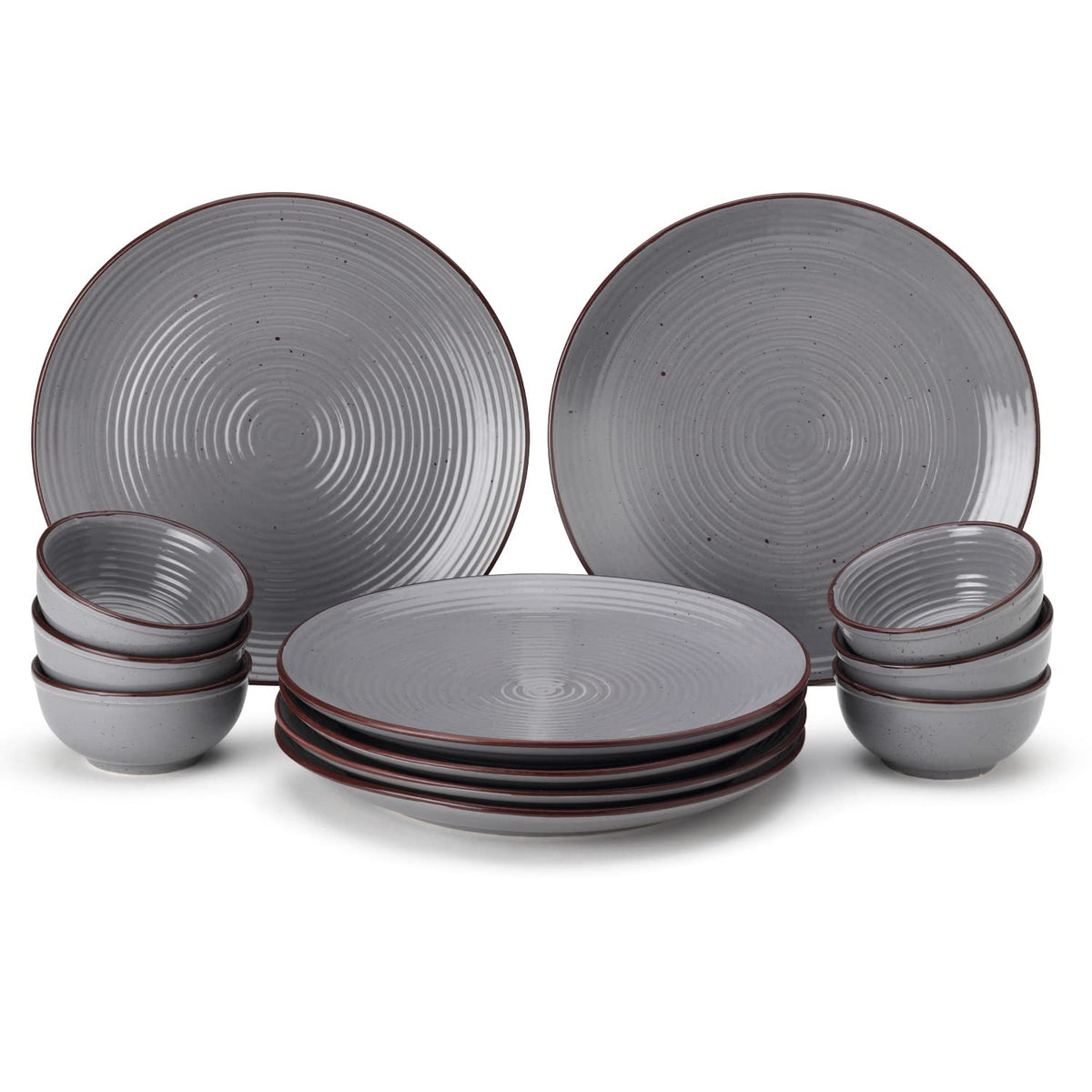 Hand Painted Ceramic Dinner Set Of 12 Pieces Dinnerware Set - Grey | Set Of 6 Dinner Plates + 6 Dinner Katori, 180ml Each - Microwave & Dishwasher Safe